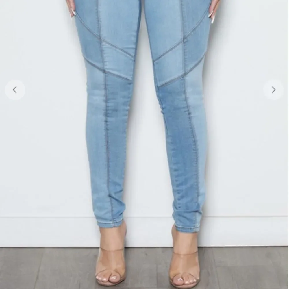 NEW! Sexy Color Blocked Pull On Skinny Blue Jeans Denim Boho Patchwork Leggings